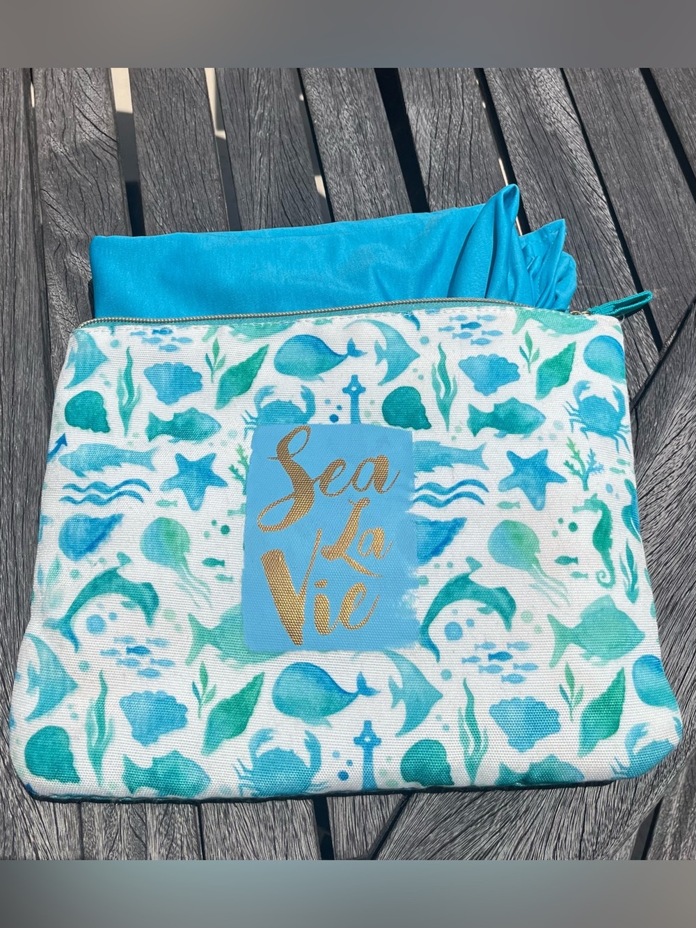 Sea La Vie Beach Pouch or Cosmetic bag in Aqua Teal with coverup - Picture 2 of 6